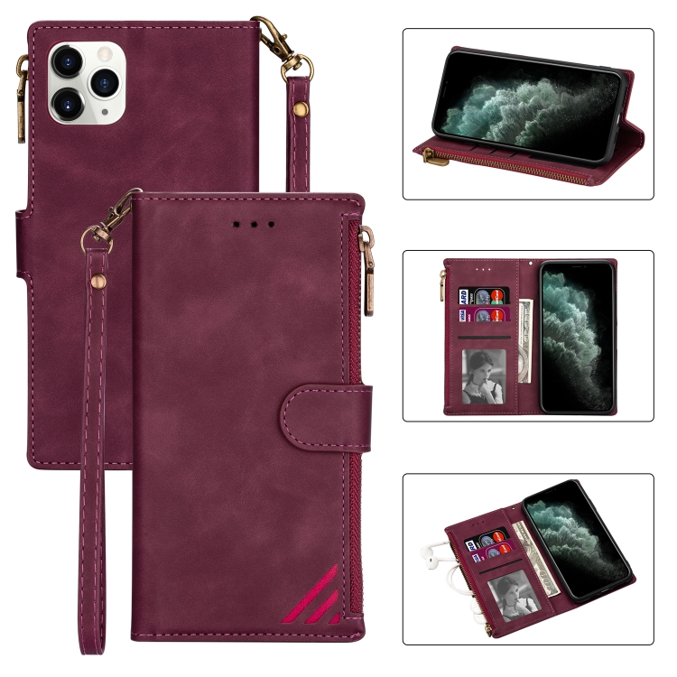 

Zipper Multi-card Slots Horizontal Flip PU Leather Case with Holder & Card Slots & Wallet & Lanyard & Photo Frame for iPhone 12 / 12 Pro(Wine Red)
