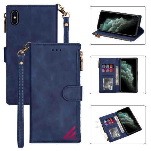 

Zipper Multi-card Slots Horizontal Flip PU Leather Case with Holder & Card Slots & Wallet & Lanyard & Photo Frame for iPhone XS / X(Blue)