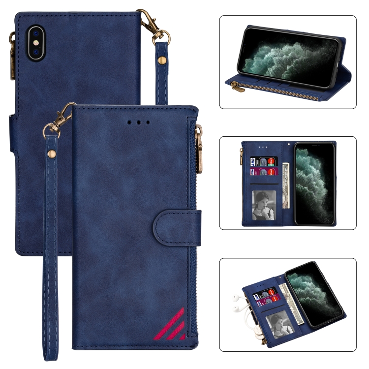

Zipper Multi-card Slots Horizontal Flip PU Leather Case with Holder & Card Slots & Wallet & Lanyard & Photo Frame for iPhone XS Max(Blue)