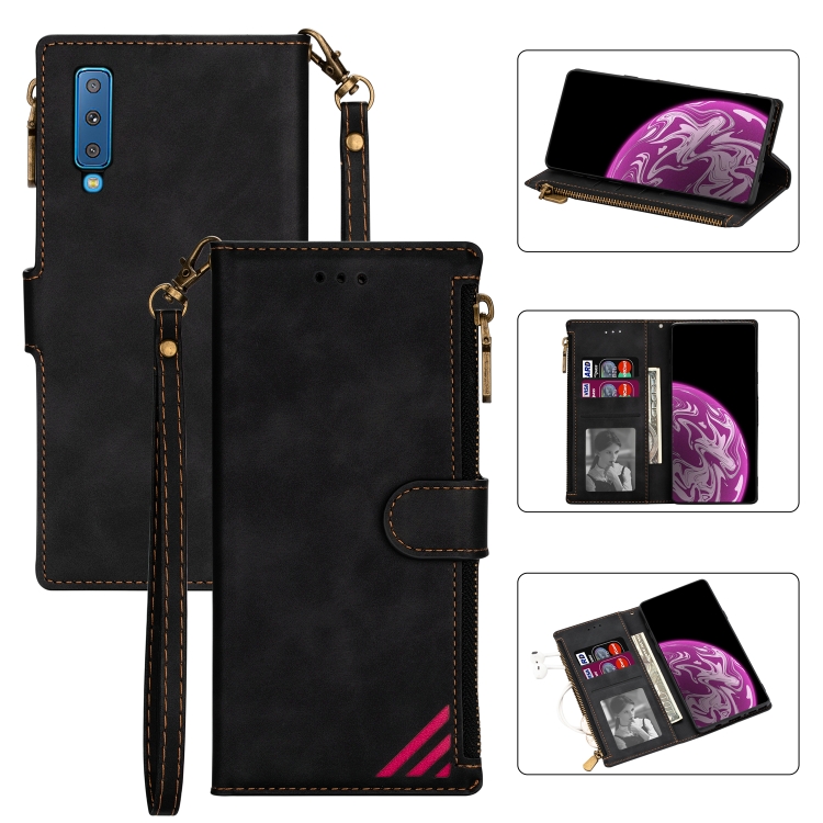 

For Samsung Galaxy A7 2018 Zipper Multi-card Slots Horizontal Flip PU Leather Case with Holder & Card Slots & Wallet & Lanyard & Photo Frame(Black)
