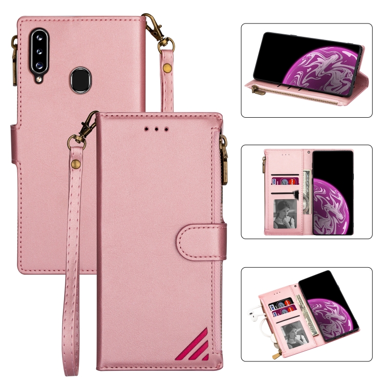 

For Samsung Galaxy A20s Zipper Multi-card Slots Horizontal Flip PU Leather Case with Holder & Card Slots & Wallet & Lanyard & Photo Frame(Rose Gold)
