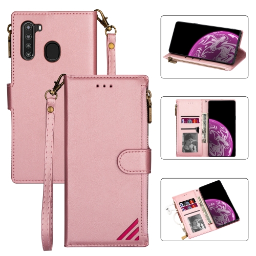 

For Samsung Galaxy A21 Zipper Multi-card Slots Horizontal Flip PU Leather Case with Holder & Card Slots & Wallet & Lanyard & Photo Frame(Rose Gold)