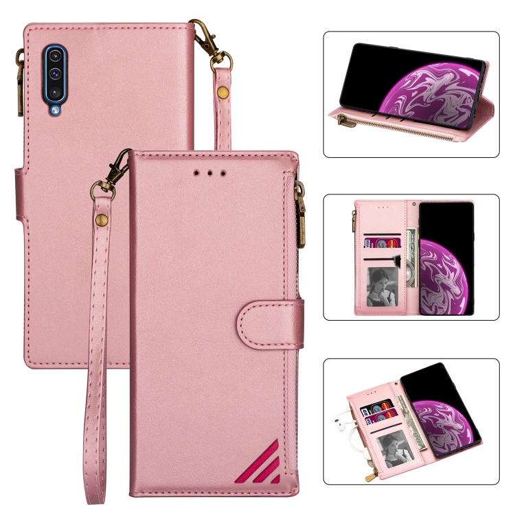

For Samsung Galaxy A50 Zipper Multi-card Slots Horizontal Flip PU Leather Case with Holder & Card Slots & Wallet & Lanyard & Photo Frame(Rose Gold)