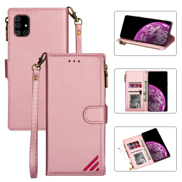 

For Samsung Galaxy A51 Zipper Multi-card Slots Horizontal Flip PU Leather Case with Holder & Card Slots & Wallet & Lanyard & Photo Frame(Rose Gold)