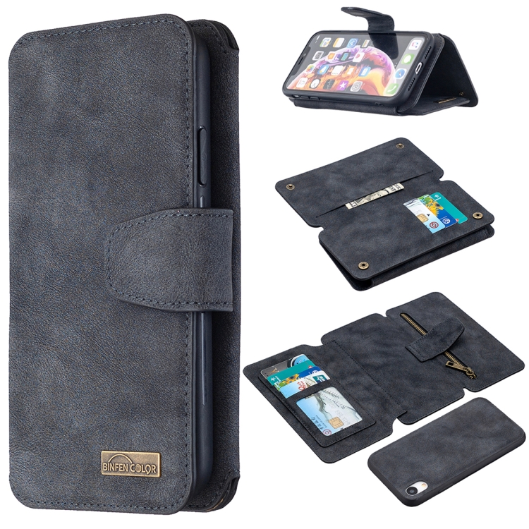 

Detachable Frosted Magnetic Horizontal Flip Leather Case with Card Slots & Holder & Zipper Wallet & Photo Frame For iPhone XR(Black Blue)