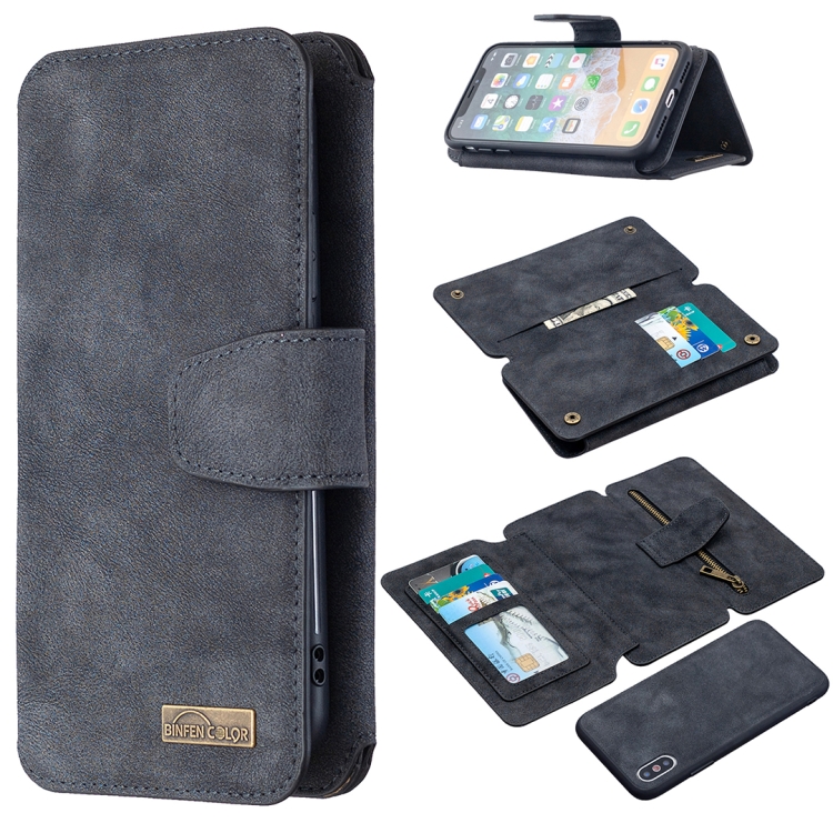 

Detachable Frosted Magnetic Horizontal Flip Leather Case with Card Slots & Holder & Zipper Wallet & Photo Frame For iPhone XS / X(Black Blue)
