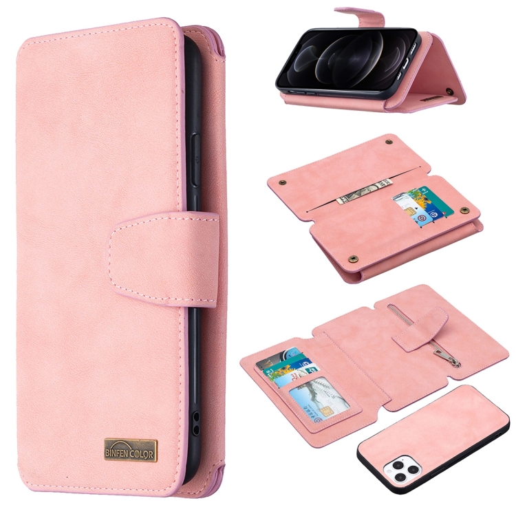

Detachable Frosted Magnetic Horizontal Flip Leather Case with Card Slots & Holder & Zipper Wallet & Photo Frame For iPhone 12 / 12 Pro(Pink)