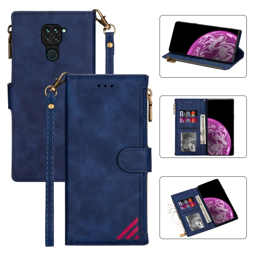 

For Xiaomi Redmi 10X 4G Zipper Multi-card Slots Horizontal Flip PU Leather Case with Holder & Card Slots & Wallet & Lanyard & Photo Frame(Blue)