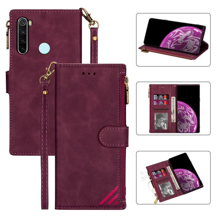 

For Xiaomi Redmi Note 8 Zipper Multi-card Slots Horizontal Flip PU Leather Case with Holder & Card Slots & Wallet & Lanyard & Photo Frame(Wine Red)