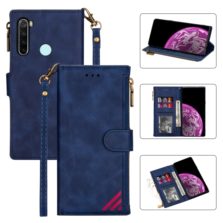 

For Xiaomi Redmi Note 8 Zipper Multi-card Slots Horizontal Flip PU Leather Case with Holder & Card Slots & Wallet & Lanyard & Photo Frame(Blue)
