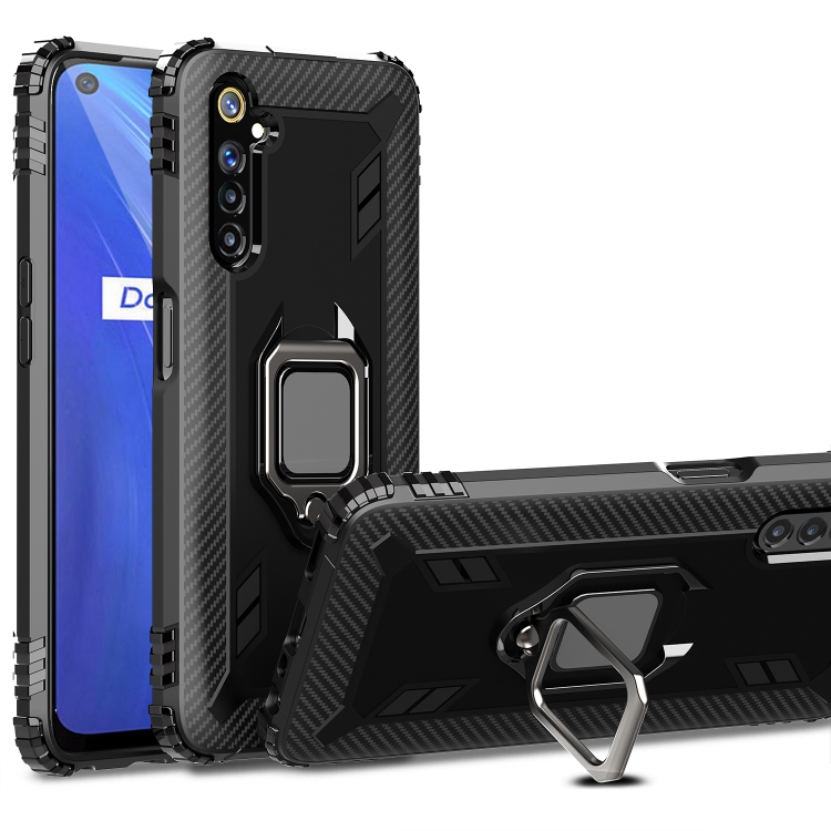 

For OPPO Realme 6S Carbon Fiber Protective Case with 360 Degree Rotating Ring Holder(Black)