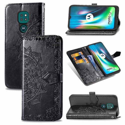 

For Motorola Moto G9 Play Embossed Mandala Pattern TPU + PU Horizontal Flip Leather Case with Holder & Three Card Slots & Wallet(Black)