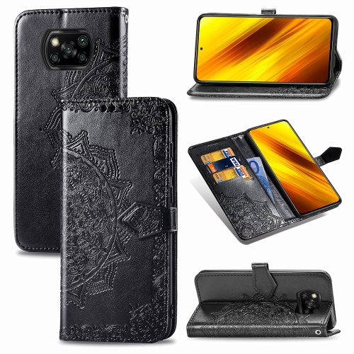 

For Xiaomi Poco X3 NFC Embossed Mandala Pattern TPU + PU Horizontal Flip Leather Case with Holder & Three Card Slots & Wallet(Black)