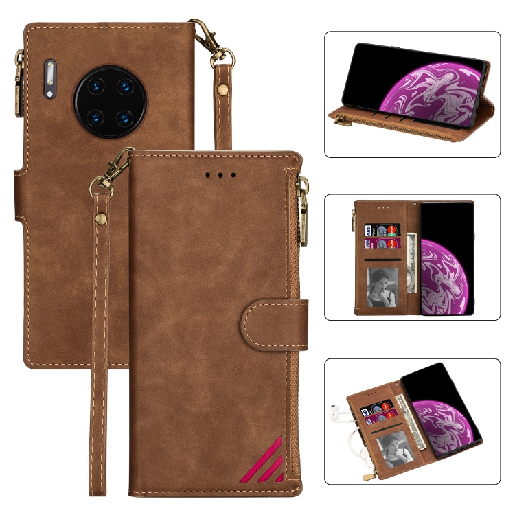 

For Huawei Mate 30 Pro Zipper Multi-card Slots Horizontal Flip PU Leather Case with Holder & Card Slots & Wallet & Lanyard & Photo Frame(Brown)