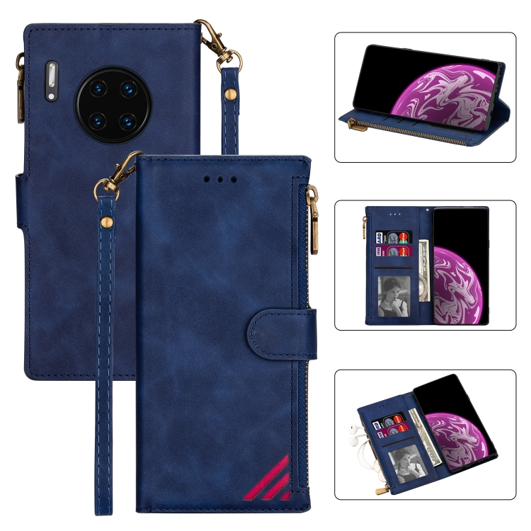 

For Huawei Mate 30 Pro Zipper Multi-card Slots Horizontal Flip PU Leather Case with Holder & Card Slots & Wallet & Lanyard & Photo Frame(Blue)