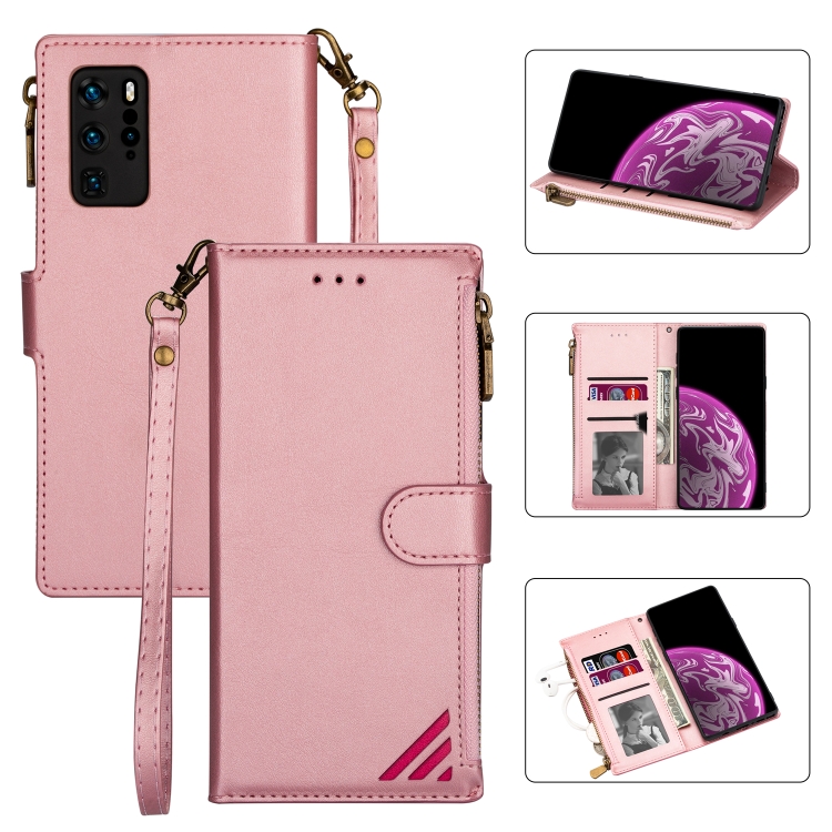 

For Huawei P40 Zipper Multi-card Slots Horizontal Flip PU Leather Case with Holder & Card Slots & Wallet & Lanyard & Photo Frame(Rose Gold)