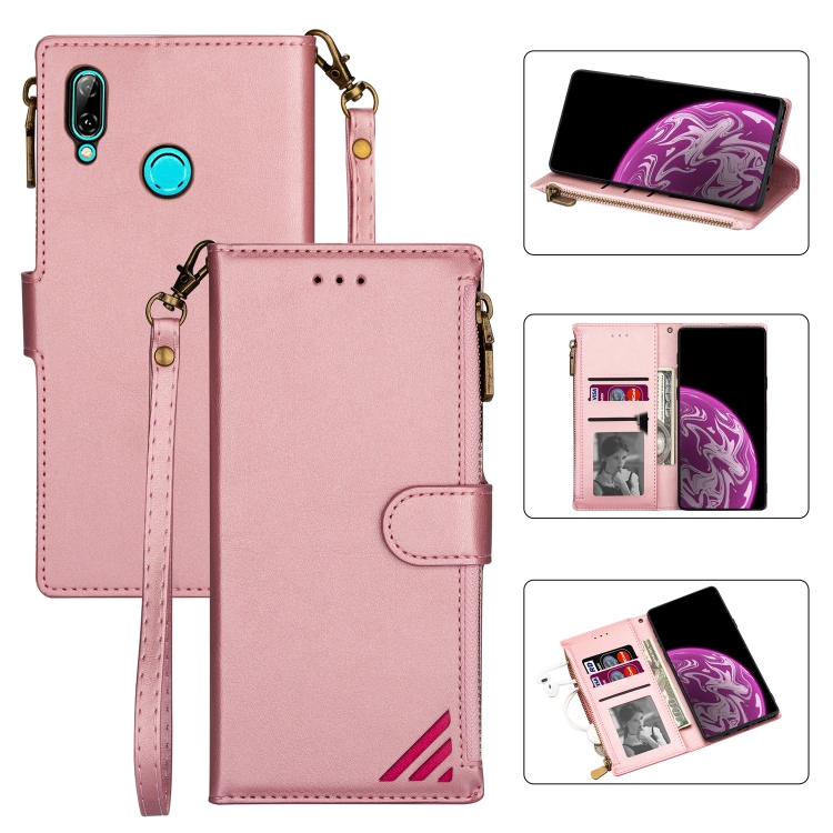 

For Huawei P smart (2019) Zipper Multi-card Slots Horizontal Flip PU Leather Case with Holder & Card Slots & Wallet & Lanyard & Photo Frame(Rose Gold)