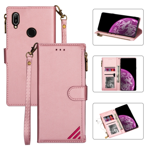 

For Huawei Y6 (2019) Zipper Multi-card Slots Horizontal Flip PU Leather Case with Holder & Card Slots & Wallet & Lanyard & Photo Frame(Rose Gold)