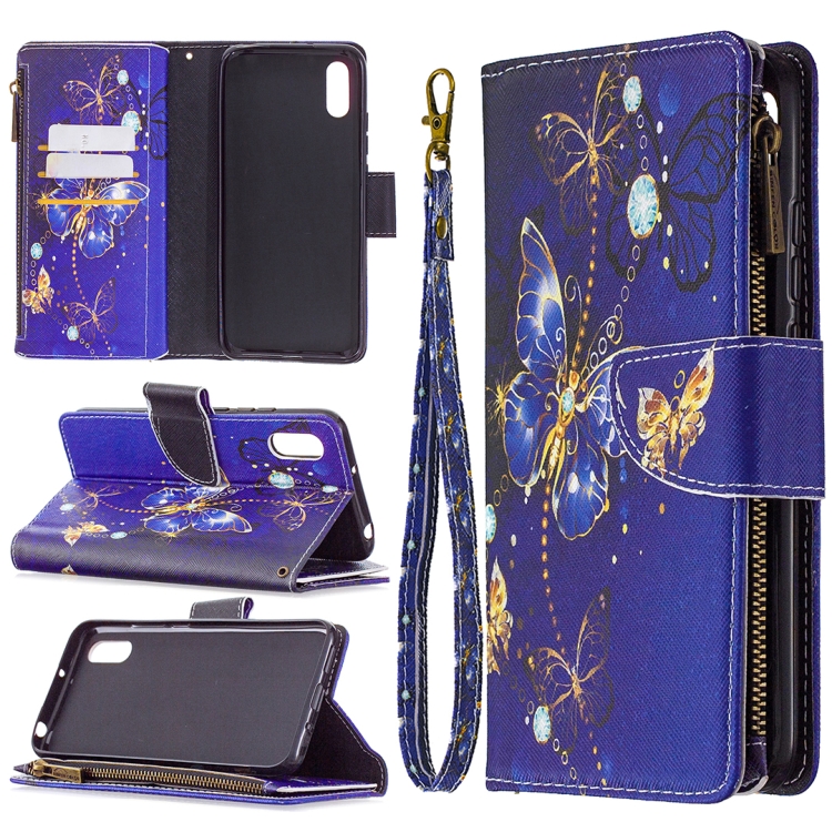 

For Xiaomi Redmi 9A Colored Drawing Pattern Zipper Horizontal Flip Leather Case with Holder & Card Slots & Wallet(Purple Butterfly)