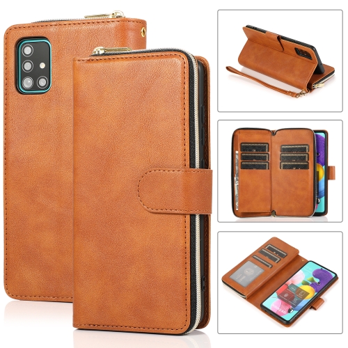 

For Samsung Galaxy A51 Zipper Wallet Bag Horizontal Flip PU Leather Case with Holder & 9 Card Slots & Wallet & Lanyard & Photo Frame(Brown)