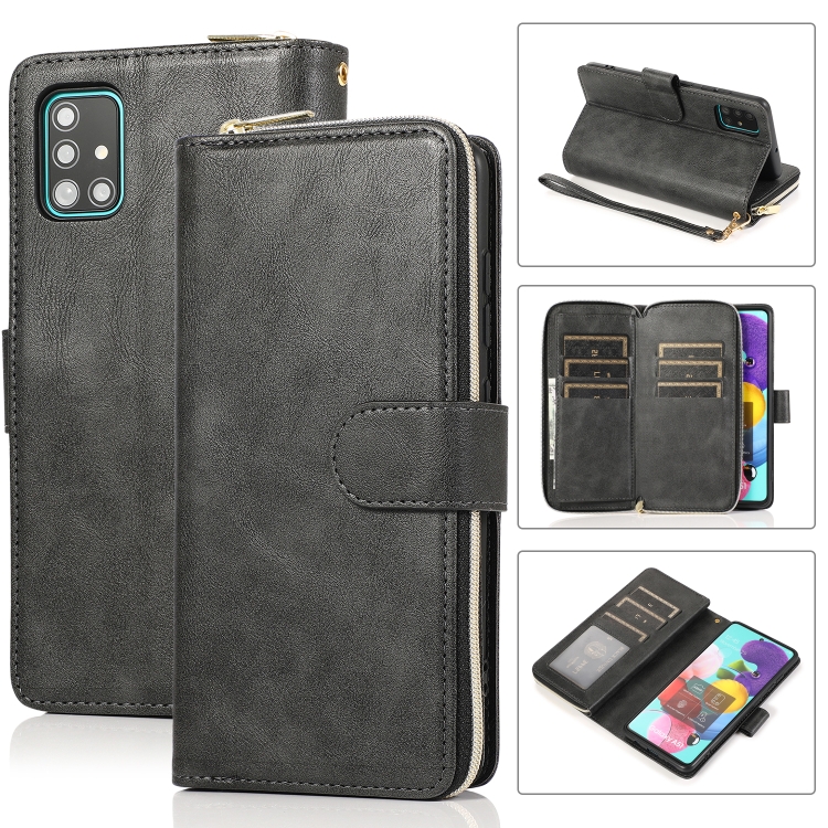 

For Samsung Galaxy A51 5G Zipper Wallet Bag Horizontal Flip PU Leather Case with Holder & 9 Card Slots & Wallet & Lanyard & Photo Frame(Black)