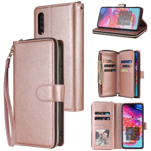 

For Samsung Galaxy A70 Zipper Wallet Bag Horizontal Flip PU Leather Case with Holder & 9 Card Slots & Wallet & Lanyard & Photo Frame(Rose Gold)