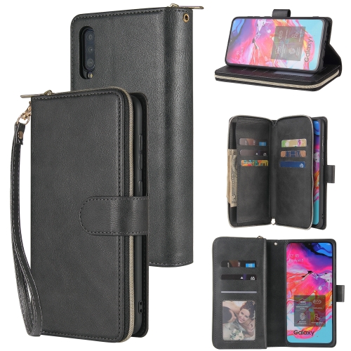 

For Samsung Galaxy A70 Zipper Wallet Bag Horizontal Flip PU Leather Case with Holder & 9 Card Slots & Wallet & Lanyard & Photo Frame(Black)