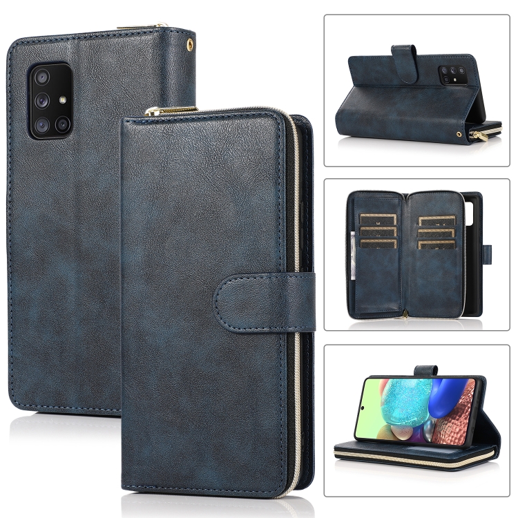

For Samsung Galaxy A71 5G Zipper Wallet Bag Horizontal Flip PU Leather Case with Holder & 9 Card Slots & Wallet & Lanyard & Photo Frame(Blue)