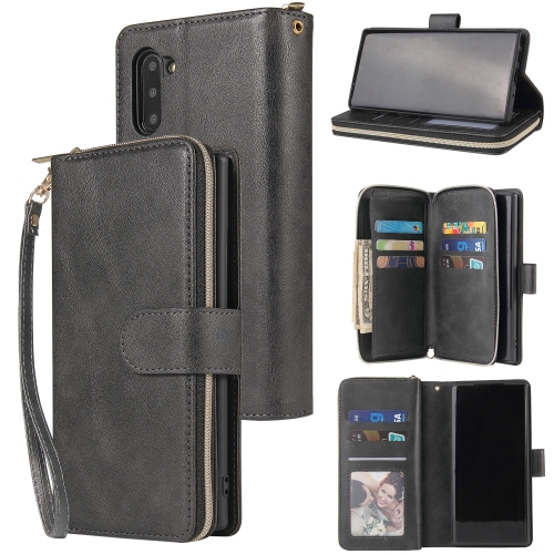 

For Samsung Galaxy Note10 Zipper Wallet Bag Horizontal Flip PU Leather Case with Holder & 9 Card Slots & Wallet & Lanyard & Photo Frame(Black)