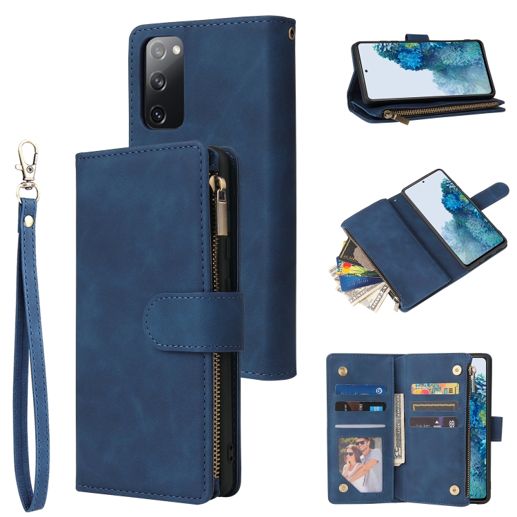 

For Samsung Galaxy S20 FE 5G Zipper Wallet Bag Horizontal Flip PU Leather Case with Holder & 9 Card Slots & Wallet & Lanyard & Photo Frame(Blue)
