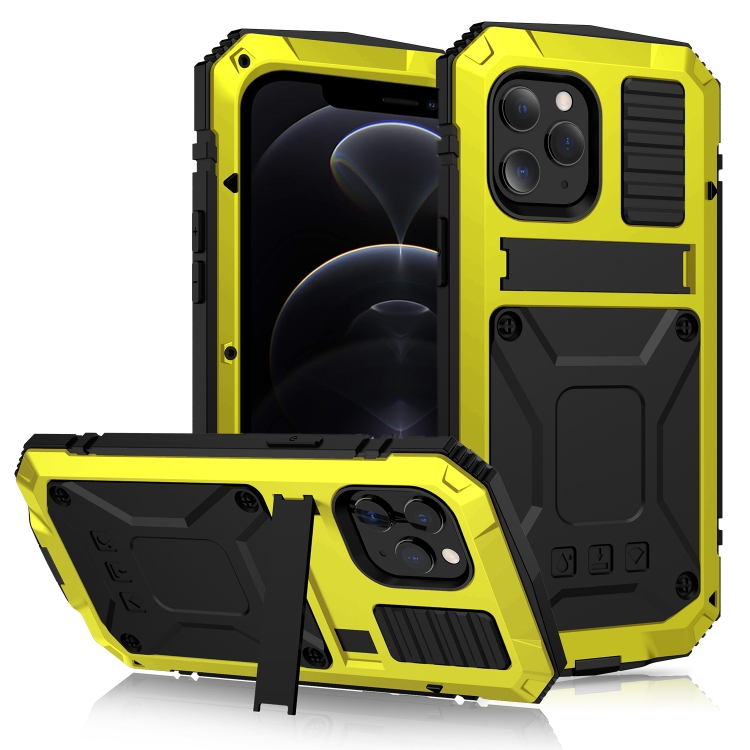 

R-JUST Shockproof Waterproof Dust-proof Metal + Silicone Protective Case with Holder For iPhone 12 / 12 Pro(Yellow)