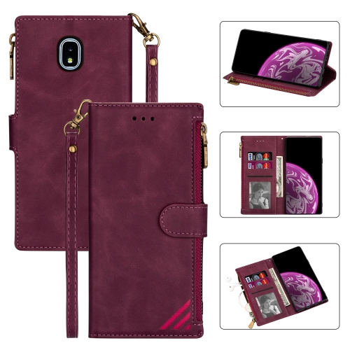 

For Samsung Galaxy J3(2018) Zipper Multi-card Slots Horizontal Flip PU Leather Case with Holder & Card Slots & Wallet & Lanyard & Photo Frame(Wine Red)