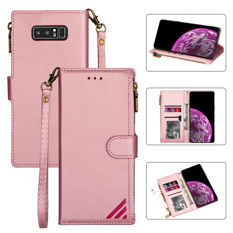 

For Samsung Galaxy Note 8 Zipper Multi-card Slots Horizontal Flip PU Leather Case with Holder & Card Slots & Wallet & Lanyard & Photo Frame(Rose Gold)