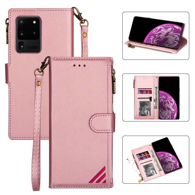 

For Samsung Galaxy S20 Ultra Zipper Multi-card Slots Horizontal Flip PU Leather Case with Holder & Card Slots & Wallet & Lanyard & Photo Frame(Rose Gold)