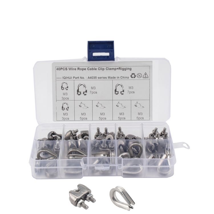 

40 PCS M3 304 Stainless Steel Wire Rope Cable Clip Clamp with Thimble Triangle Ring