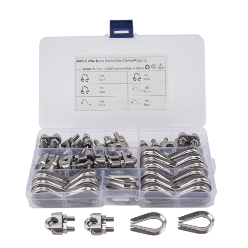 

40 PCS M5 304 Stainless Steel Wire Rope Cable Clip Clamp with Thimble Triangle Ring