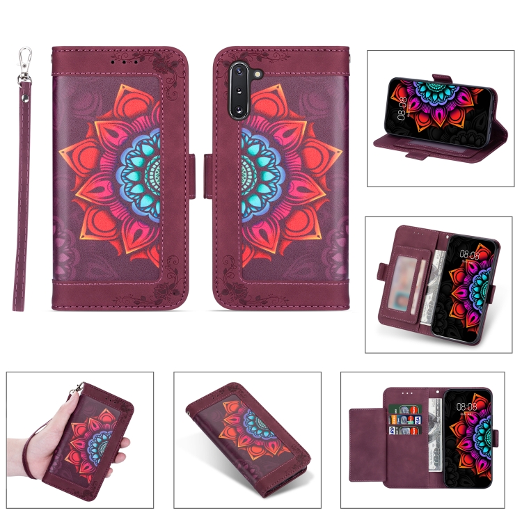 

For Samsung Galaxy Note10 Printing Dual-color Half Mandala Pattern Dual-side Magnetic Buckle Horizontal Flip Leather Case with Holder & Card Slots & Wallet & Photo Frame & Lanyard(Wine Red )