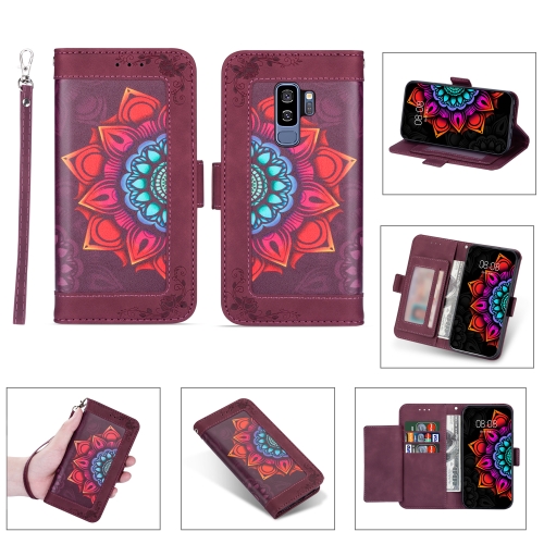 

For Samsung Galaxy S9+ Printing Dual-color Half Mandala Pattern Dual-side Magnetic Buckle Horizontal Flip Leather Case with Holder & Card Slots & Wallet & Photo Frame & Lanyard(Wine Red )
