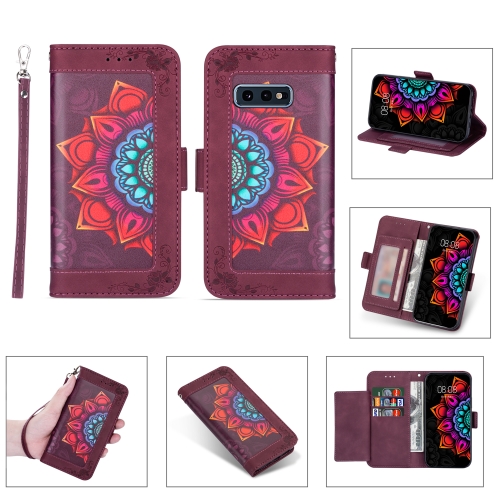 

For Samsung Galaxy S10e Printing Dual-color Half Mandala Pattern Dual-side Magnetic Buckle Horizontal Flip Leather Case with Holder & Card Slots & Wallet & Photo Frame & Lanyard(Wine Red )