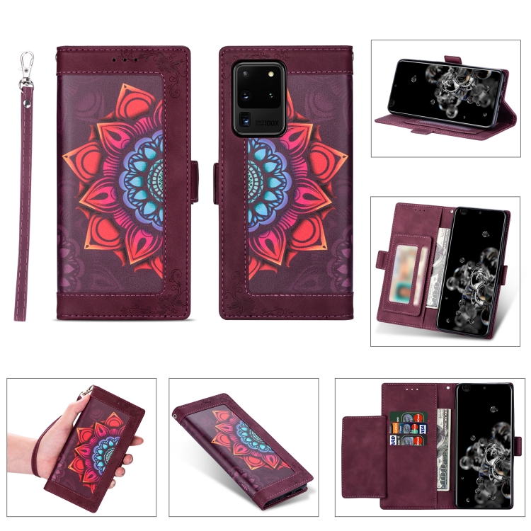 

For Samsung Galaxy S20 Ultra Printing Dual-color Half Mandala Pattern Dual-side Magnetic Buckle Horizontal Flip Leather Case with Holder & Card Slots & Wallet & Photo Frame & Lanyard(Wine Red )