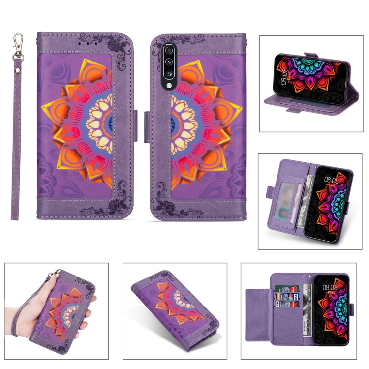 

For Samsung Galaxy A70 Printing Dual-color Half Mandala Pattern Dual-side Magnetic Buckle Horizontal Flip Leather Case with Holder & Card Slots & Wallet & Photo Frame & Lanyard(Purple)