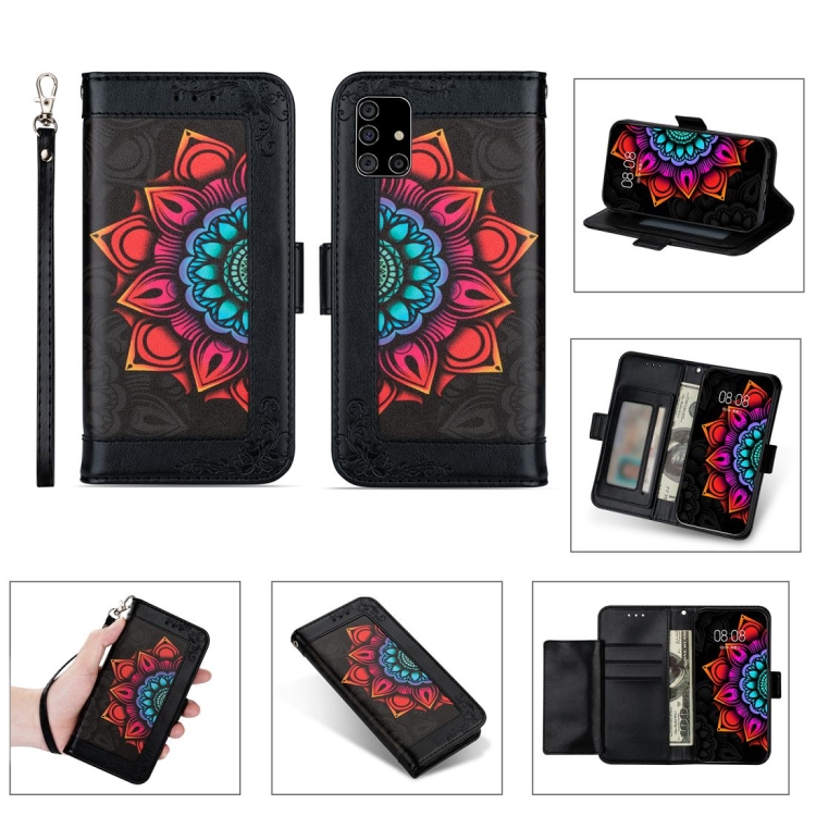 

For Samsung Galaxy A51 Printing Dual-color Half Mandala Pattern Dual-side Magnetic Buckle Horizontal Flip Leather Case with Holder & Card Slots & Wallet & Photo Frame & Lanyard(Black)