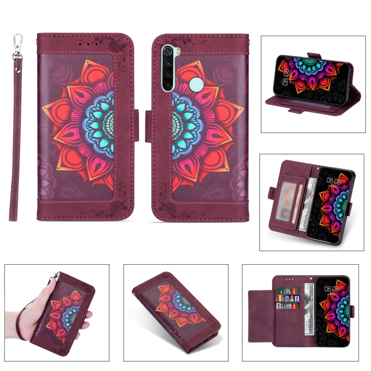

For Xiaomi Redmi Note 8 Printing Dual-color Half Mandala Pattern Dual-side Magnetic Buckle Horizontal Flip Leather Case with Holder & Card Slots & Wallet & Photo Frame & Lanyard(Wine Red)