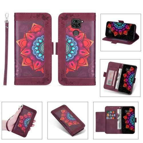 

For Xiaomi Redmi 10X 4G / Note 9 Printing Dual-color Half Mandala Pattern Dual-side Magnetic Buckle Horizontal Flip Leather Case with Holder & Card Slots & Wallet & Photo Frame & Lanyard(Wine Red)