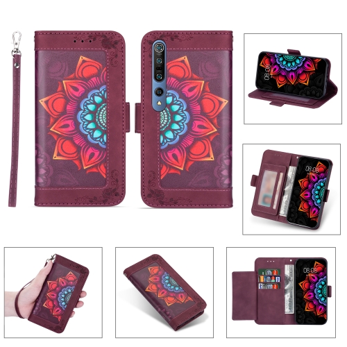 

For Xiaomi Mi 10 Pro Printing Dual-color Half Mandala Pattern Dual-side Magnetic Buckle Horizontal Flip Leather Case with Holder & Card Slots & Wallet & Photo Frame & Lanyard(Wine Red)