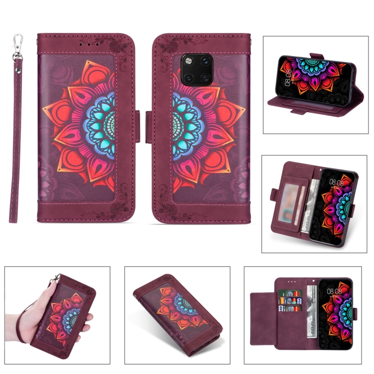 

For Huawei Mate 20 Pro Printing Dual-color Half Mandala Pattern Dual-side Magnetic Buckle Horizontal Flip Leather Case with Holder & Card Slots & Wallet & Photo Frame & Lanyard(Wine Red)