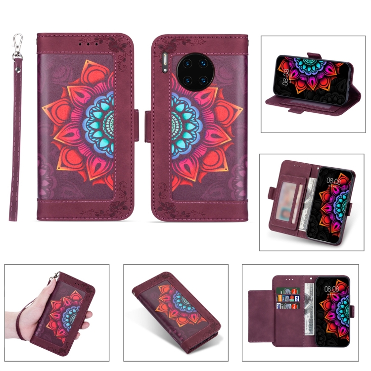 

For Huawei Mate 30 Pro Printing Dual-color Half Mandala Pattern Dual-side Magnetic Buckle Horizontal Flip Leather Case with Holder & Card Slots & Wallet & Photo Frame & Lanyard(Wine Red)