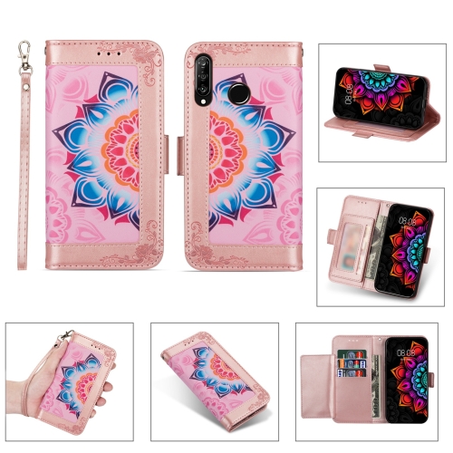 

For Huawei P30 Lite Printing Dual-color Half Mandala Pattern Dual-side Magnetic Buckle Horizontal Flip Leather Case with Holder & Card Slots & Wallet & Photo Frame & Lanyard(Rose Gold)