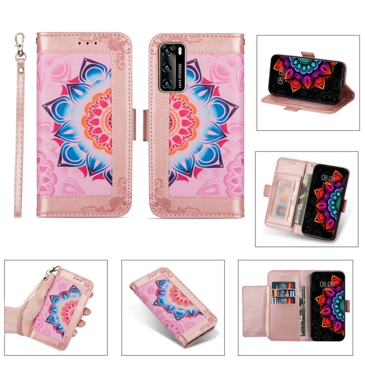 

For Huawei P40 Printing Dual-color Half Mandala Pattern Dual-side Magnetic Buckle Horizontal Flip Leather Case with Holder & Card Slots & Wallet & Photo Frame & Lanyard(Rose Gold)