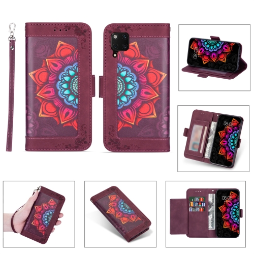 

For Huawei P40 Lite Printing Dual-color Half Mandala Pattern Dual-side Magnetic Buckle Horizontal Flip Leather Case with Holder & Card Slots & Wallet & Photo Frame & Lanyard(Wine Red)